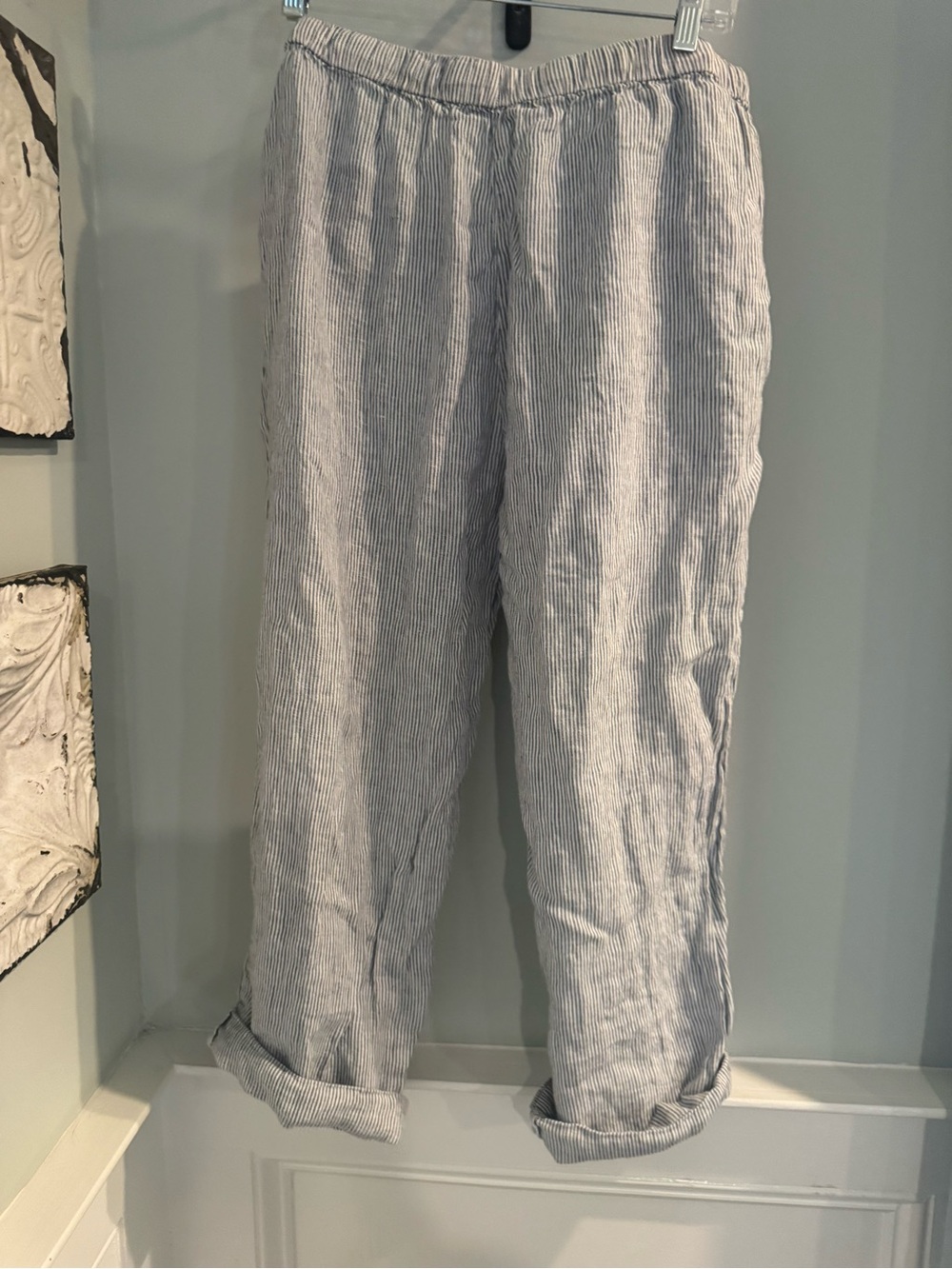 Quince Womens 100% European Linen Pajama Two Piece Set Blue Pinstripe L - Picture 6 of 12